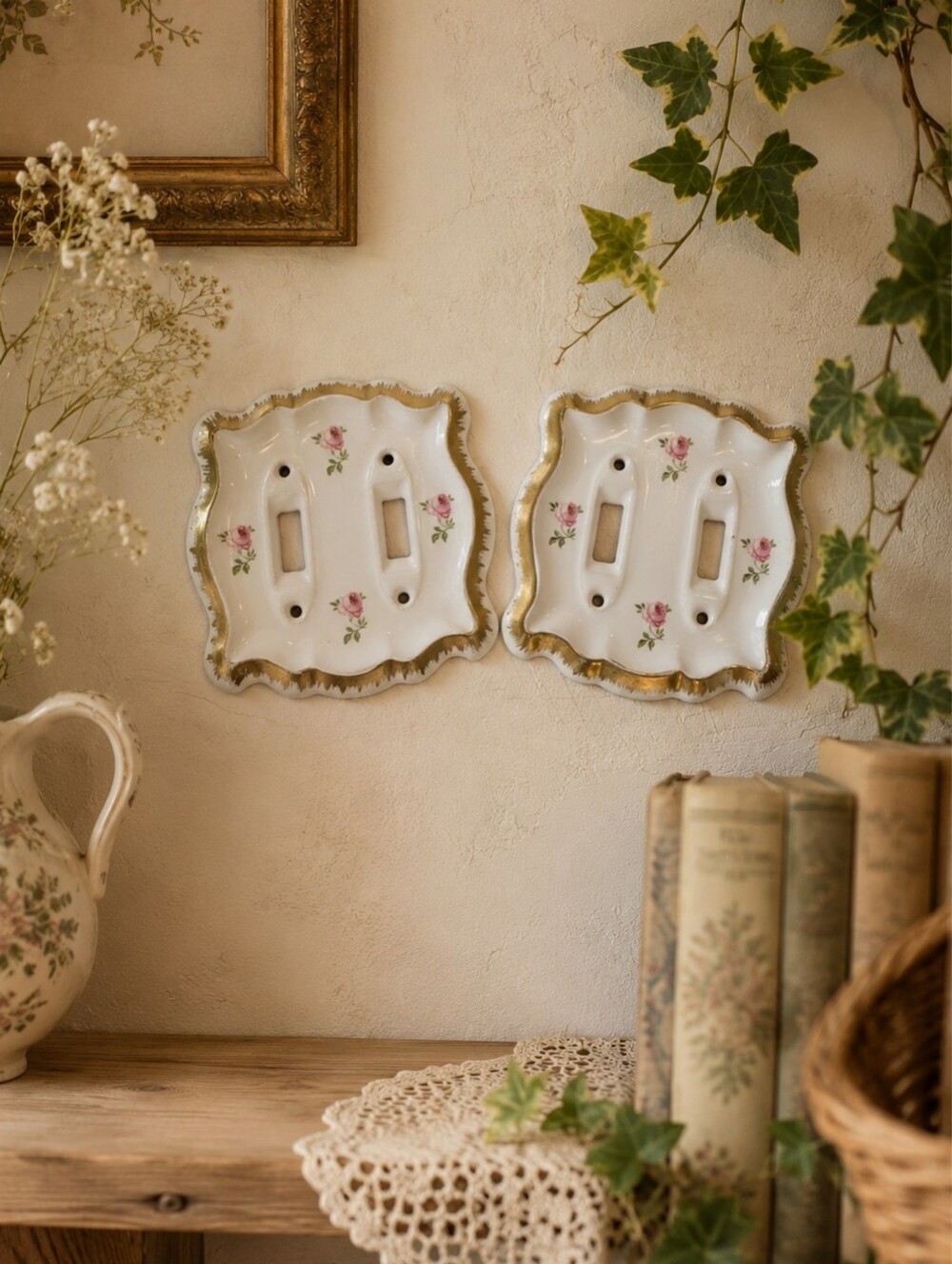 Porcelain Floral Double Toggle Switch Plate Covers with Gold Trim